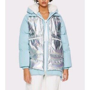 Orolay Womens Metallic Shiny Duck Down Jacket Sz L Sky Blue NWT Water/Windproof